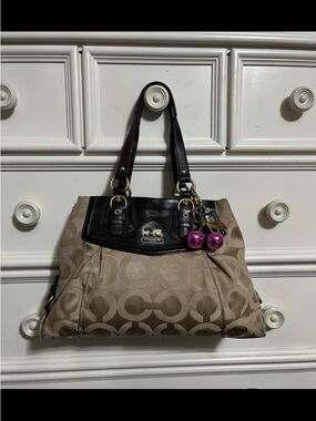 Coach Beige Signature Canvas Tote with Dark Brown Leather Trim